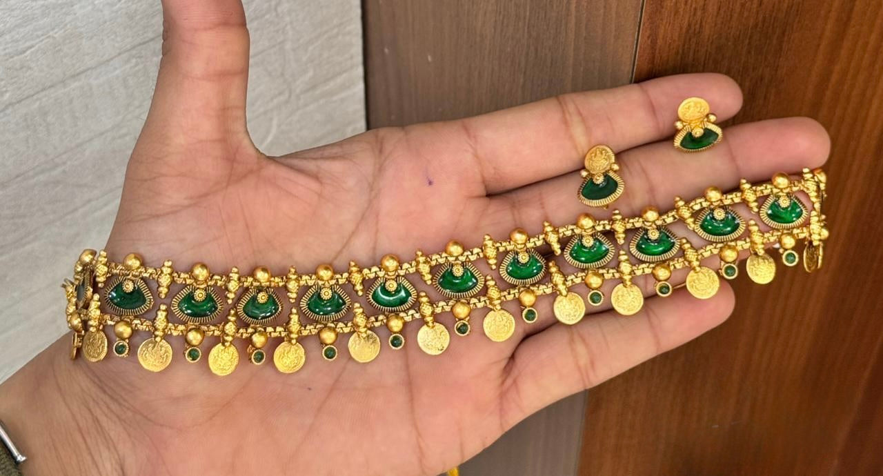Vani - Kaashu Choker Coin Necklace with Green Enamel design