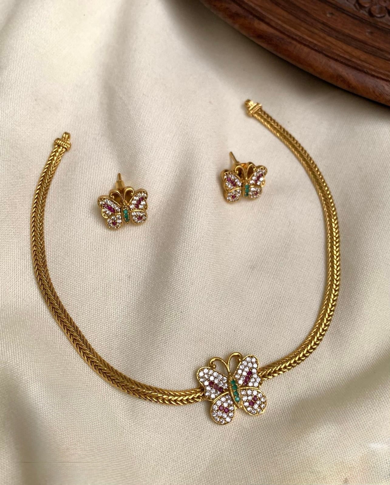 Shalaba - Butterfly Motif AD Necklace Set with Matching Earrings