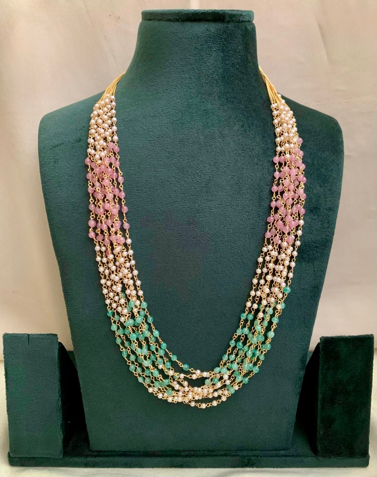 Nysa - White Green and Pink Elegant Multi Layer Pearl and Bead Long Chain