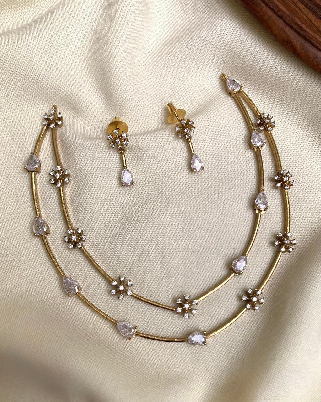 Alia - Double Layer Floral and Stone AD Necklace Set with Matching Earrings