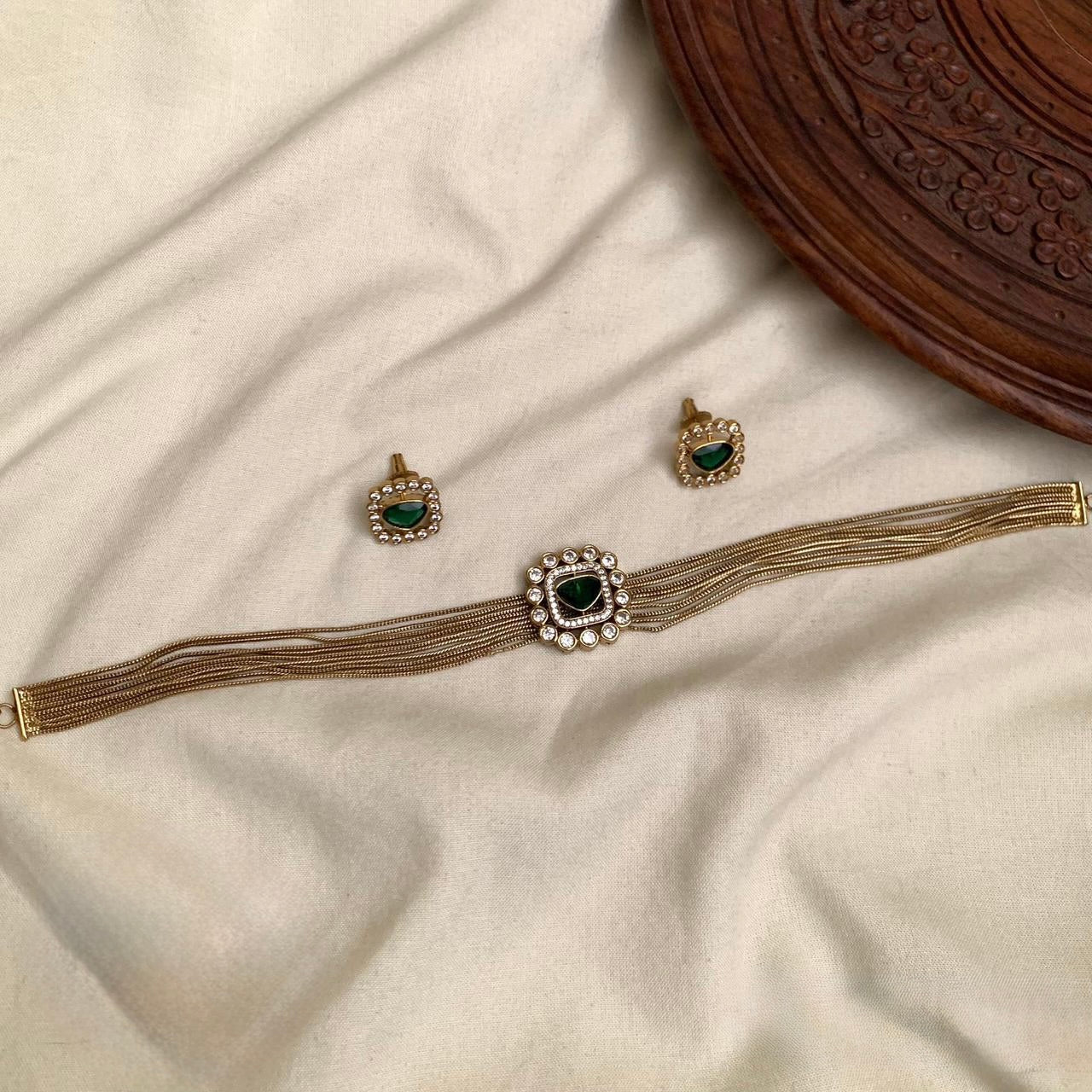 Roshni - Green Multi-Layer Choker with Kundan Stone Pendant and Matching Earrings