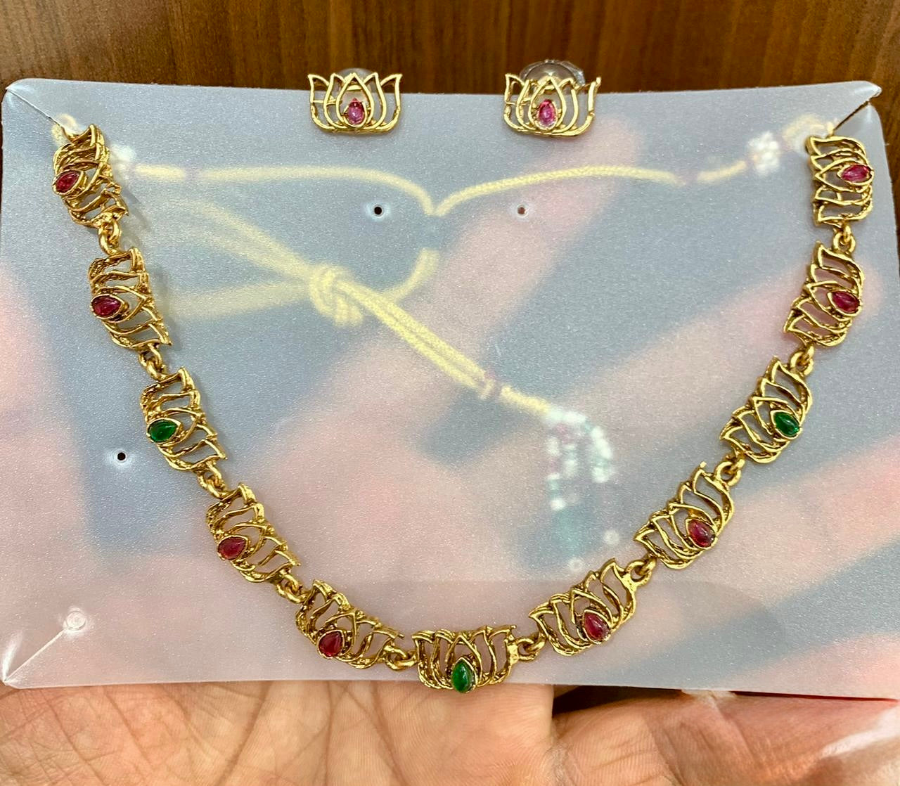 Kalyani - Red and Green stone Lotus statement Necklace with Earring