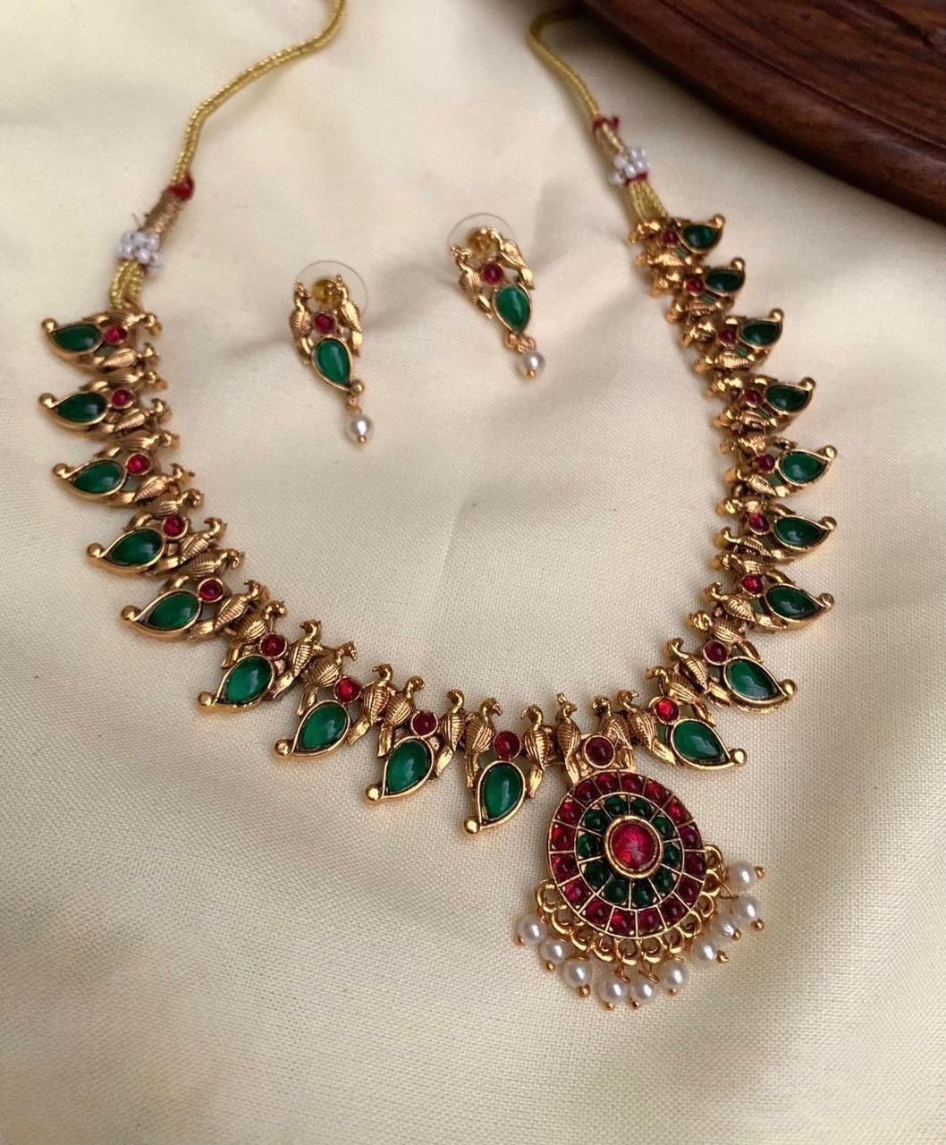 Kavya - Green and Red Mango and Peacock Necklace Set with Pendant and Matching Earrings