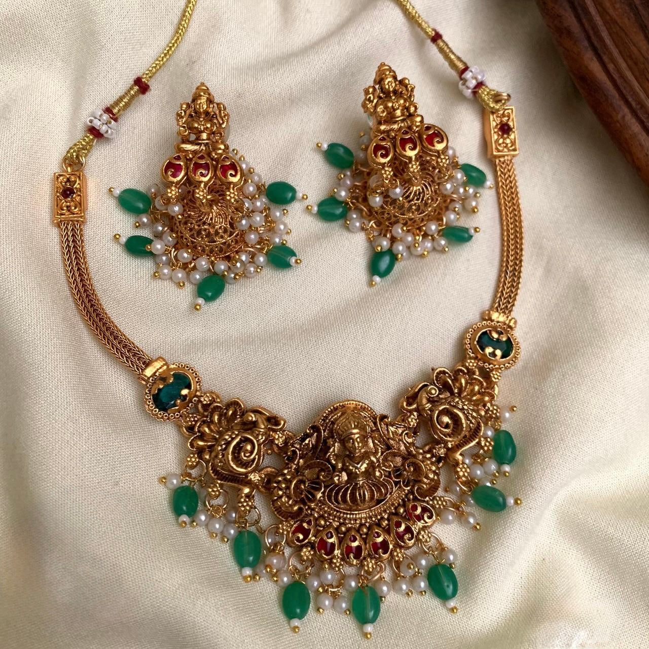Indira - Statement Green Lakshmi Necklace Set with Matching Jhumka Earrings