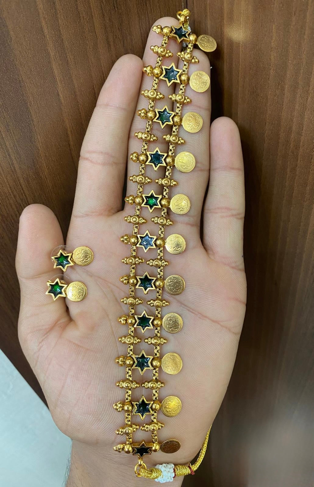 Sitara - Green Kaashu Coin and Star Enamel Choker Necklace Set with Matching Earrings