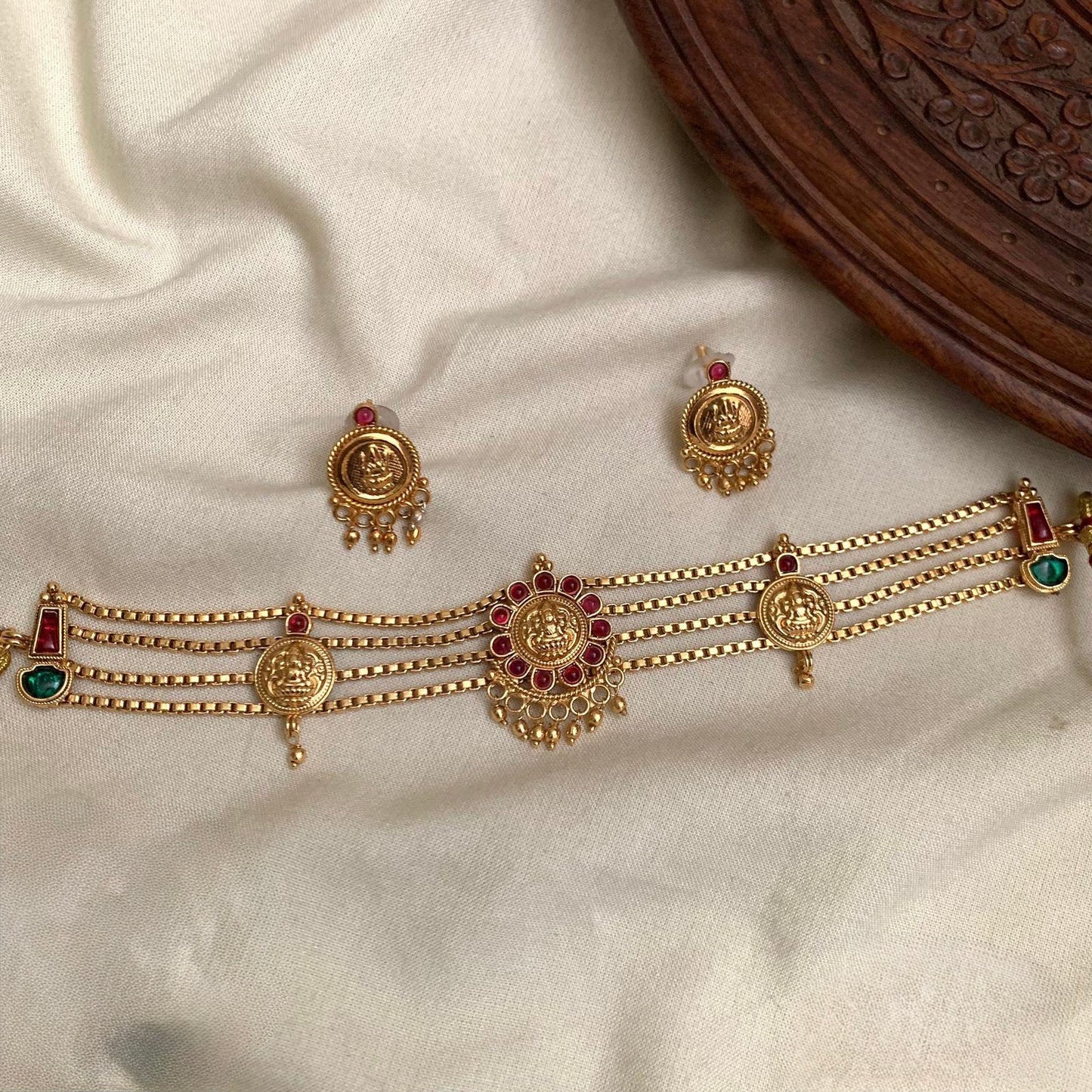 Nitya - Kaashu Coin Statement Multi-Layer Choker Necklace Set with Matching Earrings