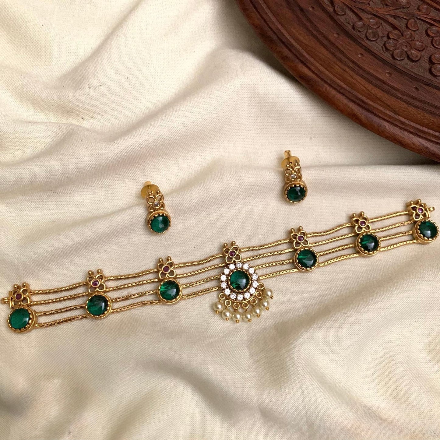 Leela - Green Stone Multi-Layer Choker Necklace Set with Matching Earrings