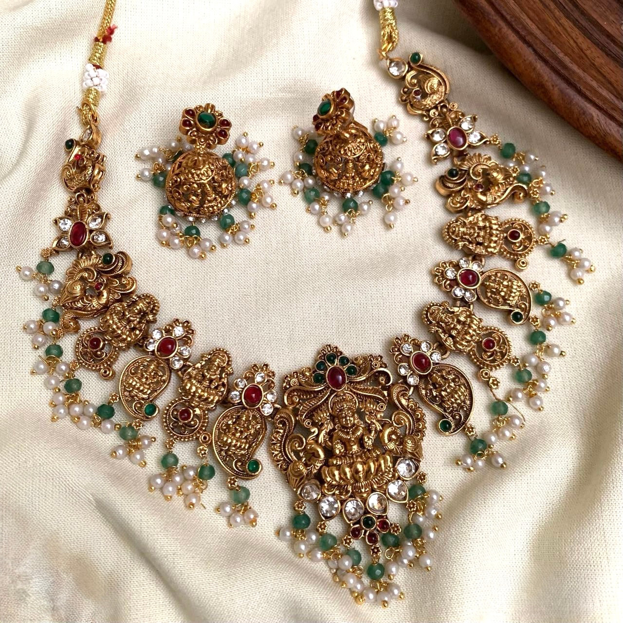 Mahika - Mango and Lakshmi Necklace Set with Beads, Pearls, and Matching Jhumka Earrings