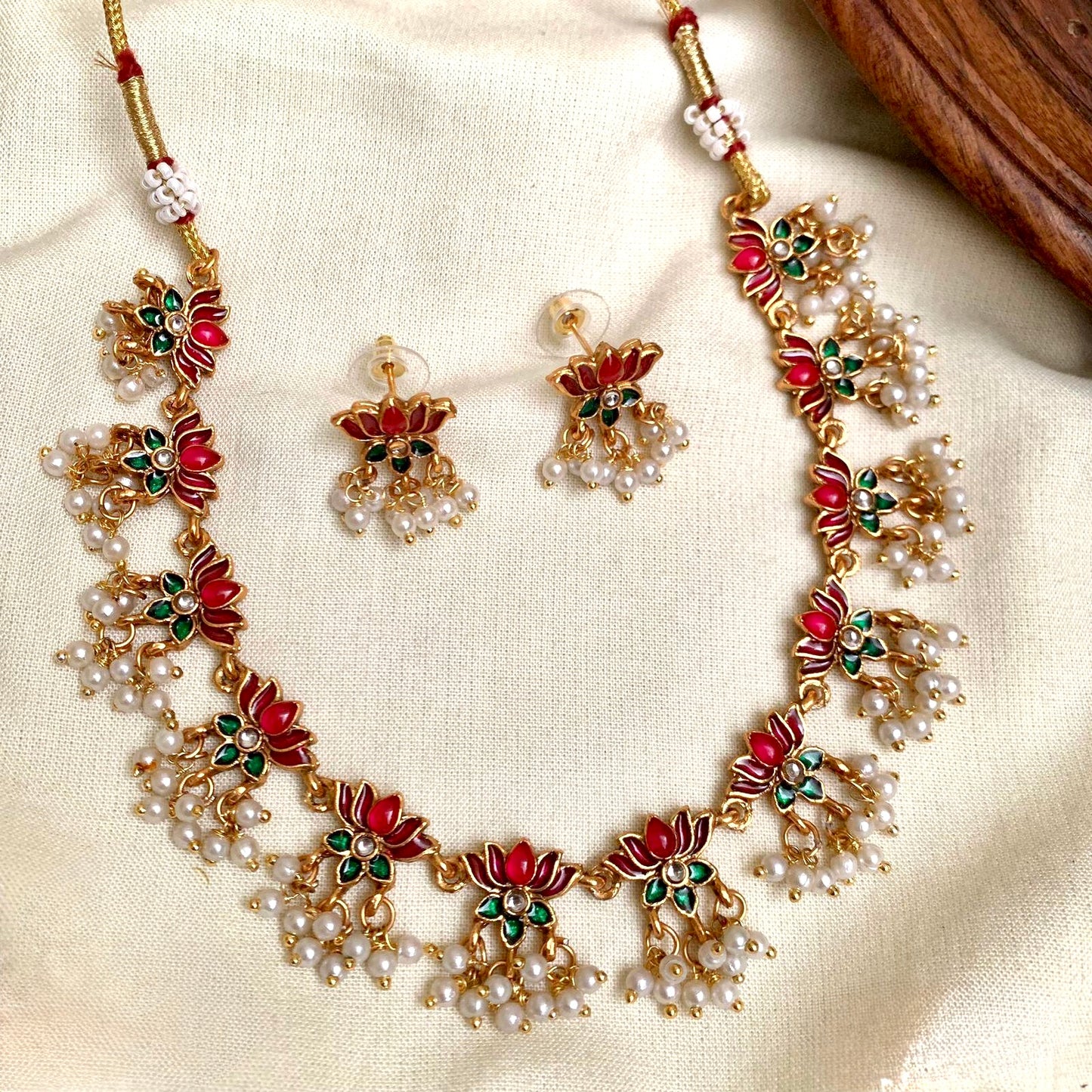 Padmapriya - Lotus and Pearl Necklace Set with Matching Earrings