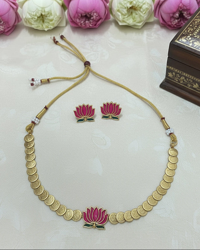 Padmini - Pink and Green Lotus and Kaashu Coin Choker Set with Matching Earrings