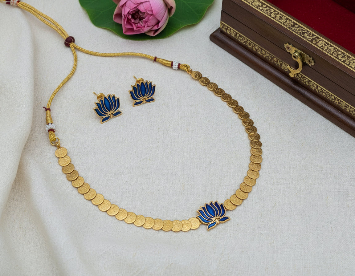 Padmini - Blue Lotus and Kaashu Coin Necklace Set with Matching Earrings