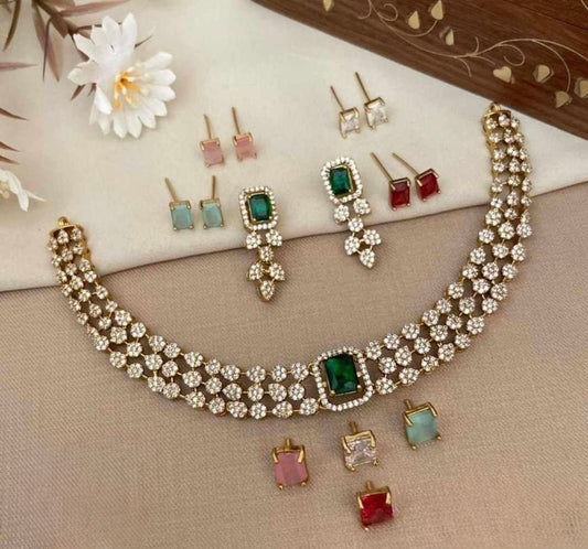 Rupa - AD Necklace & Earring Set with Interchangeable Pendant Center & Earring Stones