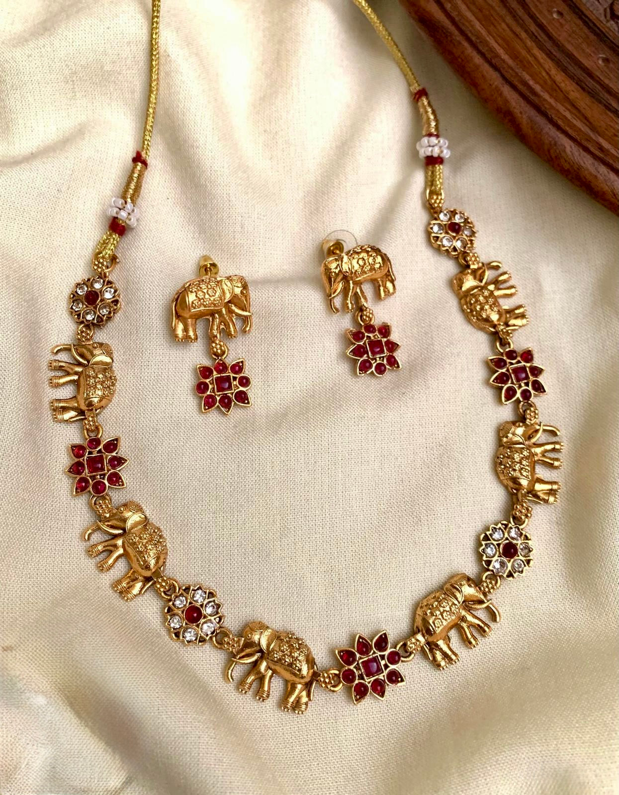 Gajendra - Red Elephant and Flower Necklace Set with Matching Earrings