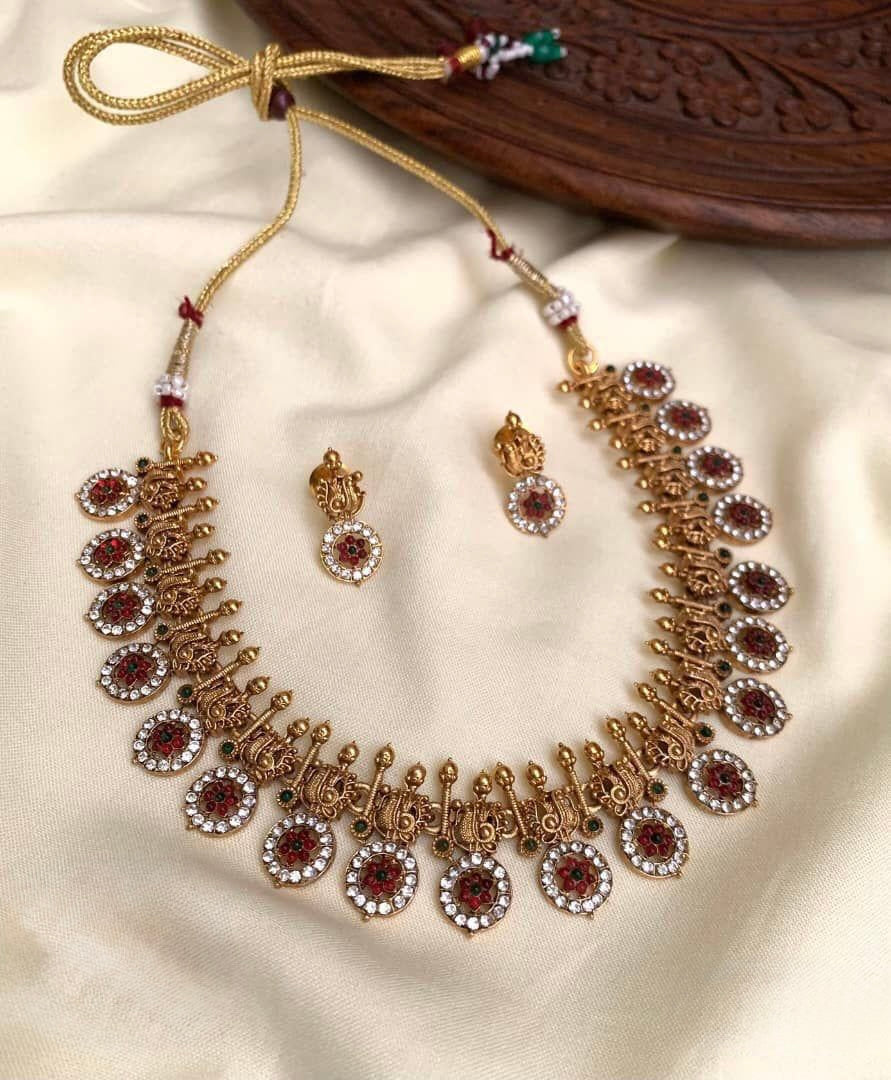 Heera - Red and White Stone Coin Design Necklace Set with Matching Earrings