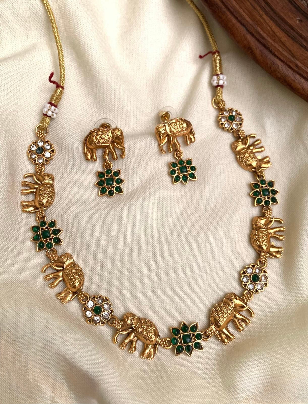 Gajendra - Green Red Elephant and Flower Necklace Set with Matching Earrings