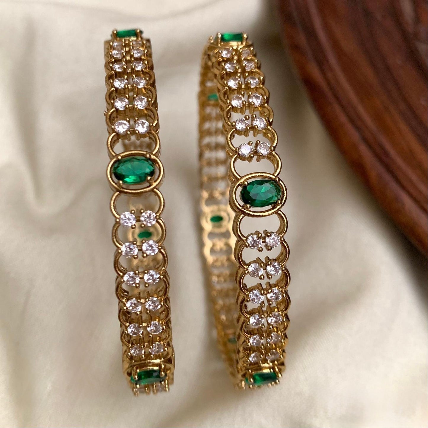Mukta - AD Green and White Bangles Set of 2