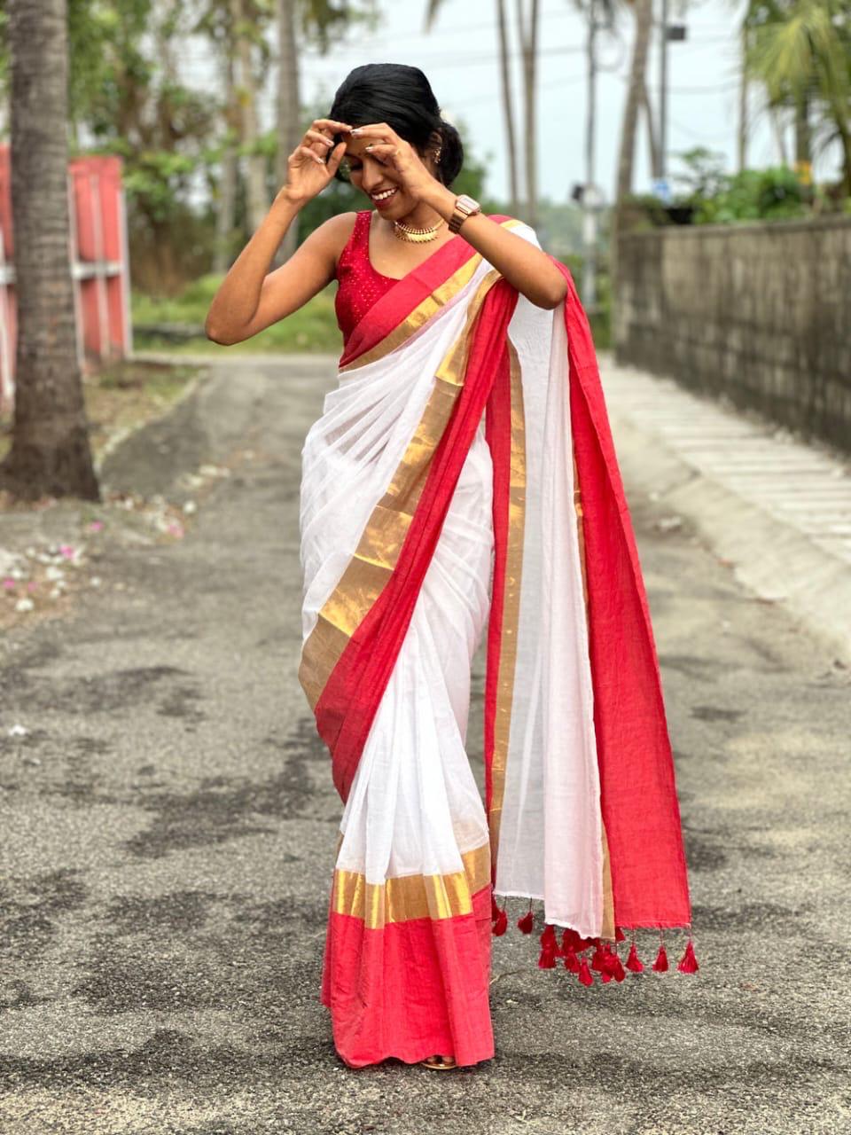 Manga - Red and White Mul Cotton Saree | Kerala Onam Saree