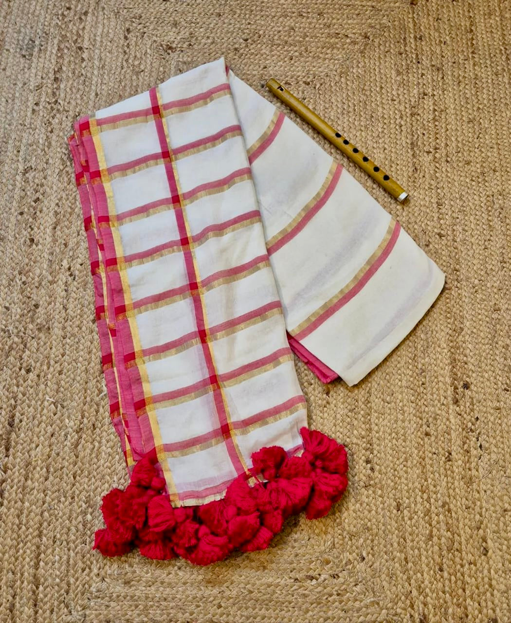 Manga - Red and White Stripe Mul Cotton Saree | Kerala Onam Saree