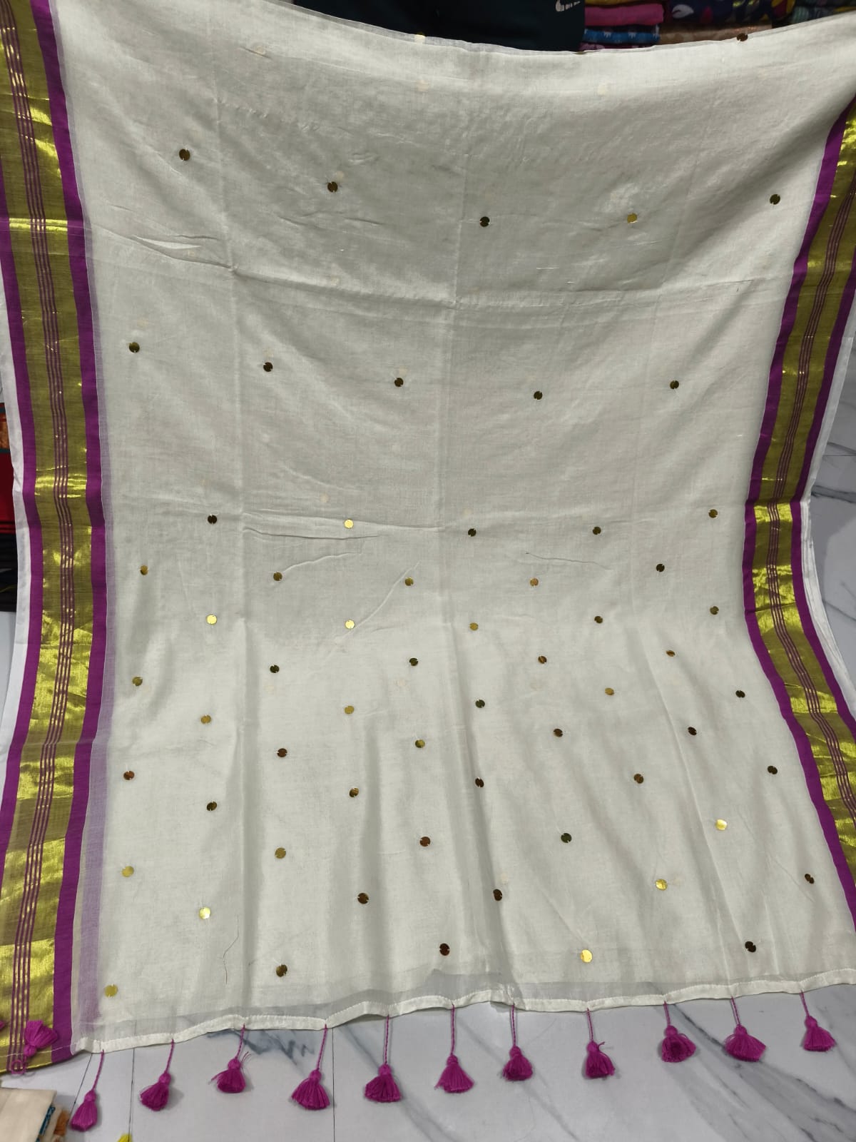 Manga - Magentha Purple and White Mul Cotton Saree with Sequins | Kerala Onam Saree