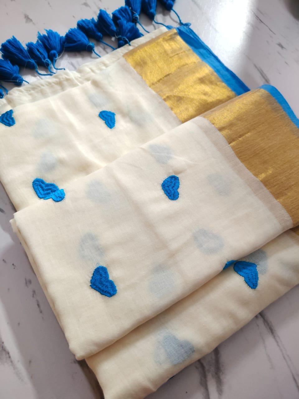 Kairali - Light Blue Heart Mul Cotton Saree | Kerala Saree