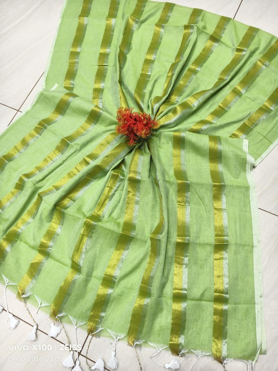 Mridula - Pastel Green Stripes Mul Cotton Saree