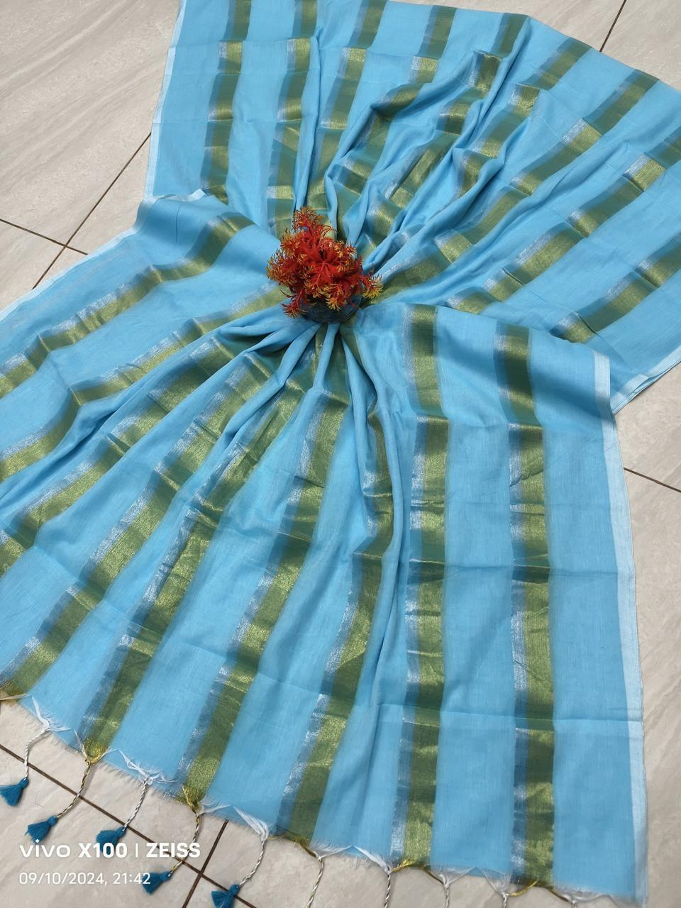 Mridula - Pastel Blue Stripes Mul Cotton Saree