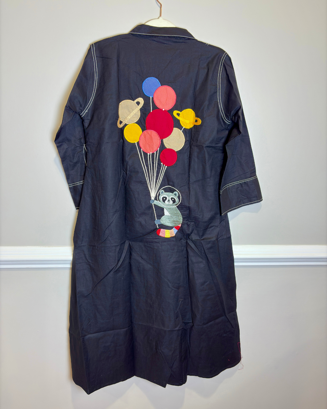 Black Dress/Kurta with Teddy Bear Embroidery Work on Front and Back