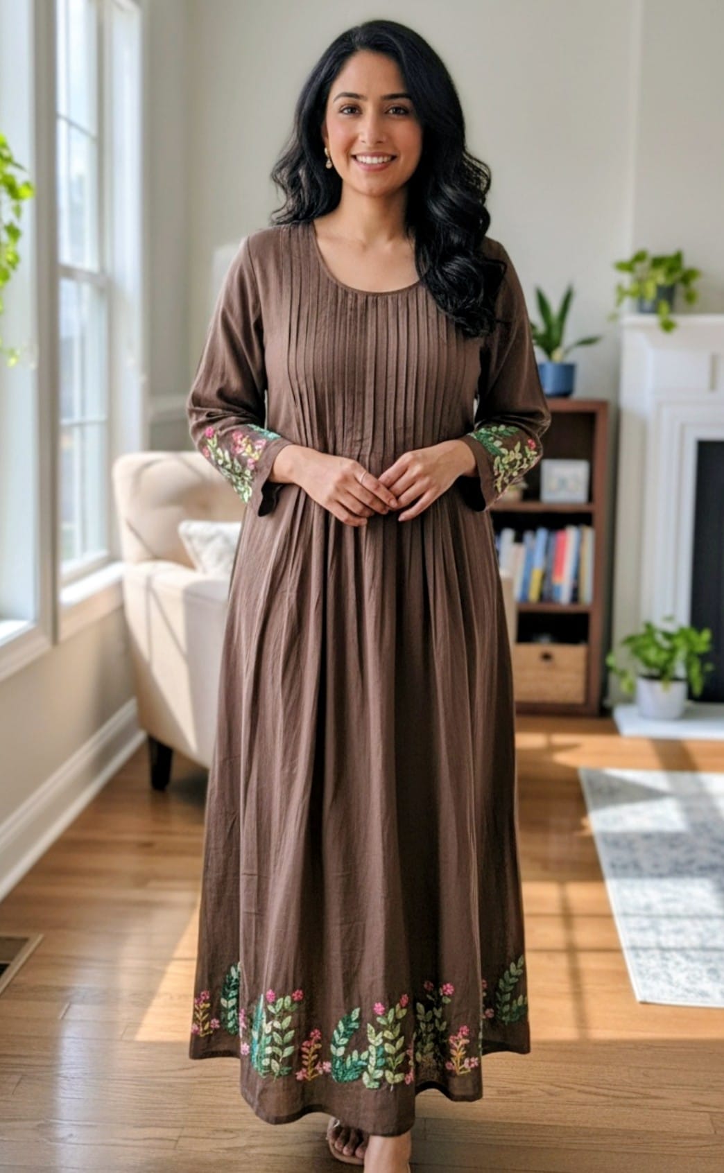 Brown flared Dress/Kurta with floral hand embroidery.