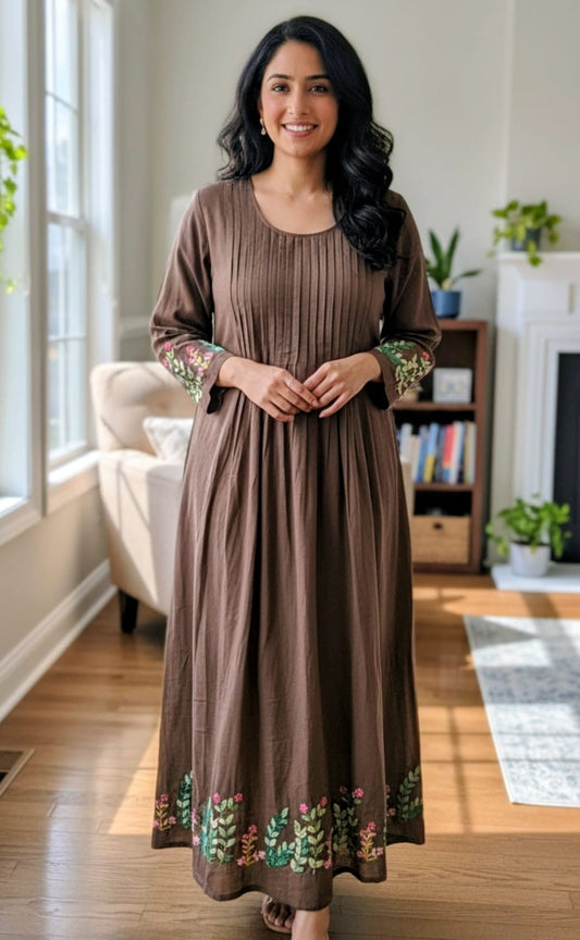 Brown flared Dress/Kurta with floral hand embroidery.