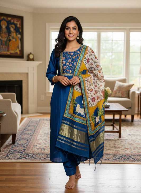 Blue Hand Work 3-piece Russian Silk Suit Set with Pure Gajji Kalamkari Dupatta with Lagdi Patta