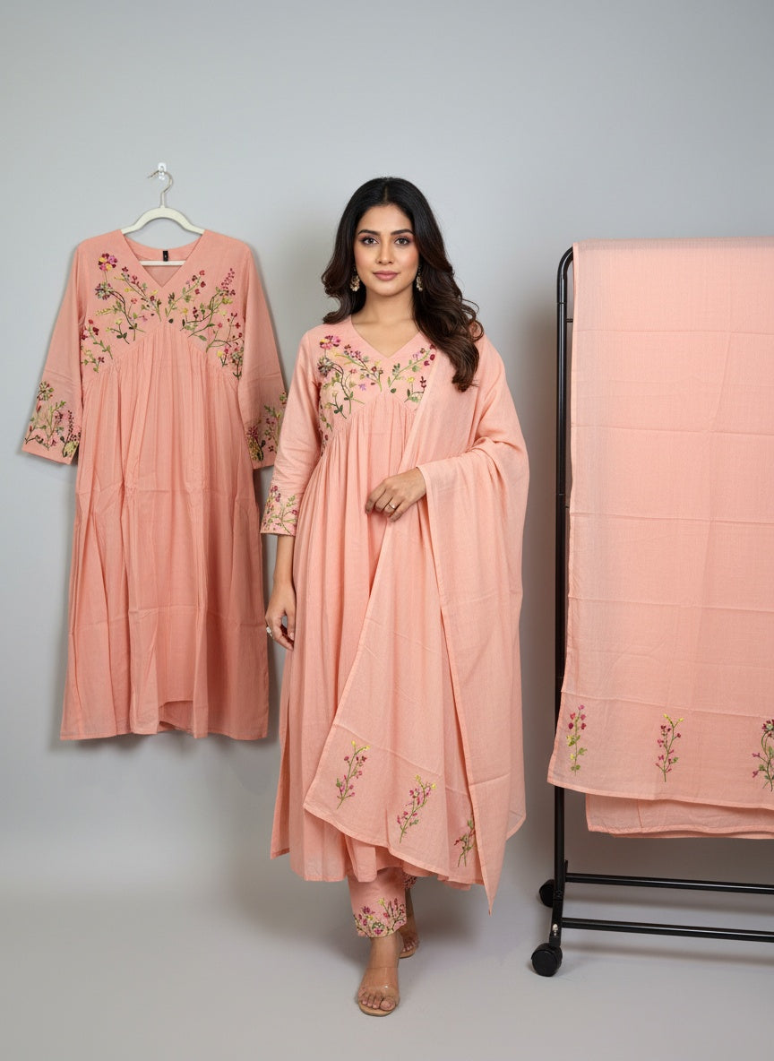 3-piece Alia Cut Suit Set with Hand-Embroidered Floral Yoke,Sleeves, Pant and Dupatta