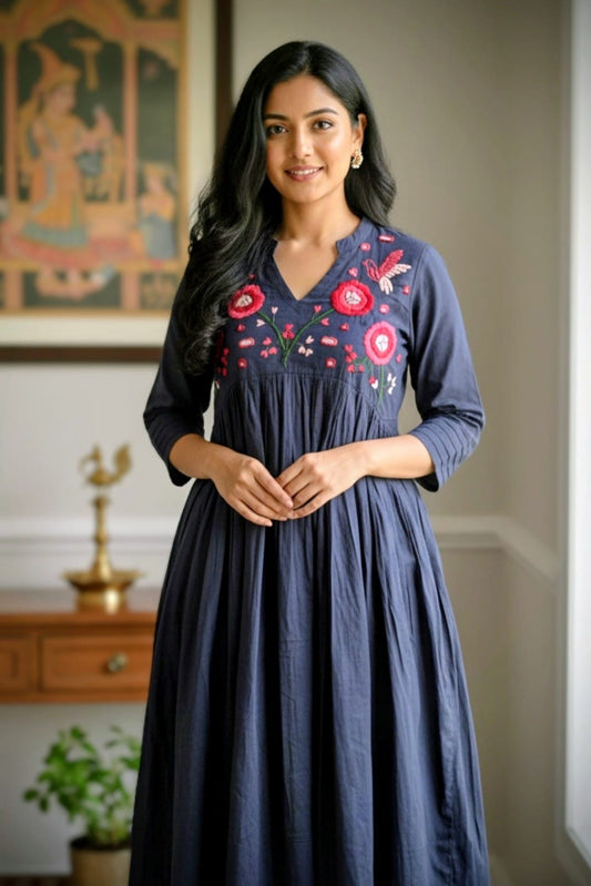 Black Grey Flared Dress/Kurta with Hand-Embroidered Floral Yoke