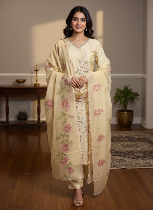 Beige Hand Work 3-piece Dola Silk Suit Set with Hand painted Scallop work Dupatta