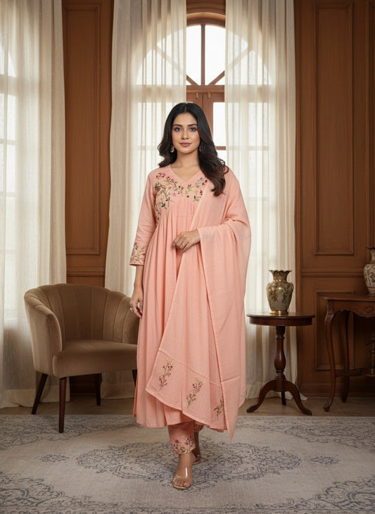 3-piece Alia Cut Suit Set with Hand-Embroidered Floral Yoke,Sleeves, Pant and Dupatta