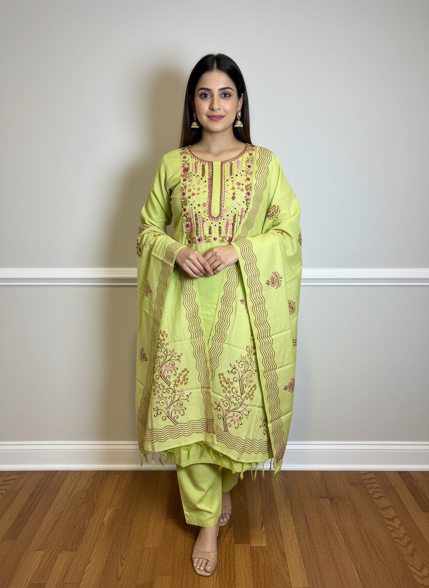 Green 3-piece Suit Set with Hand-Embroidered Floral Work and Block Print Dupatta