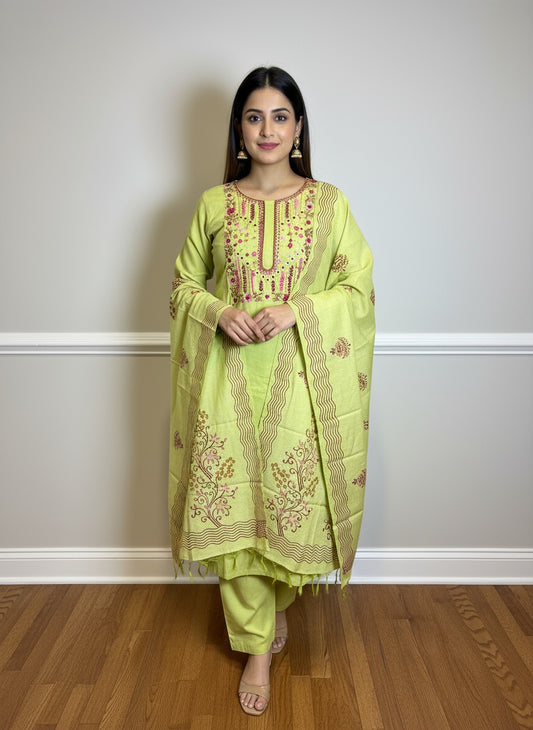 Green 3-piece Suit Set with Hand-Embroidered Floral Work and Block Print Dupatta