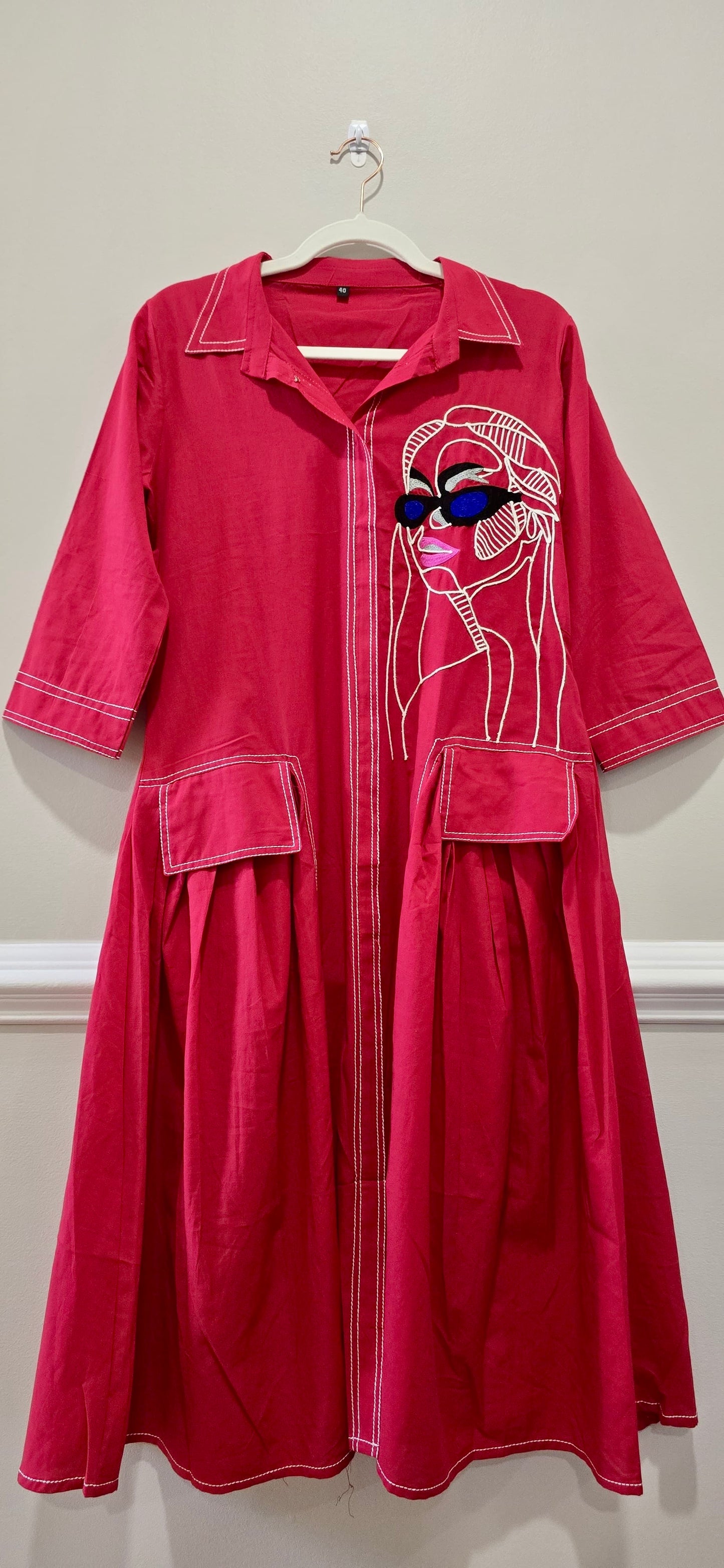Red Flared Dress/Kurta with Embroidered Face Art on Front Panel