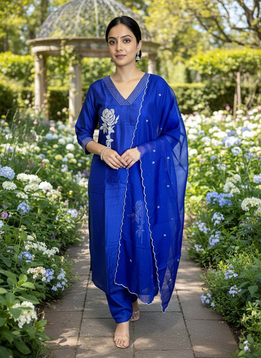 Royal Blue 3-piece Dola Silk Suit Set with Hand Work Rose and Scallop work Dupatta