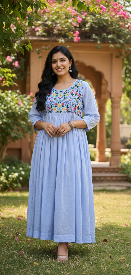 Light Blue Flared Dress/Kurta with Hand-Embroidered Floral Yoke