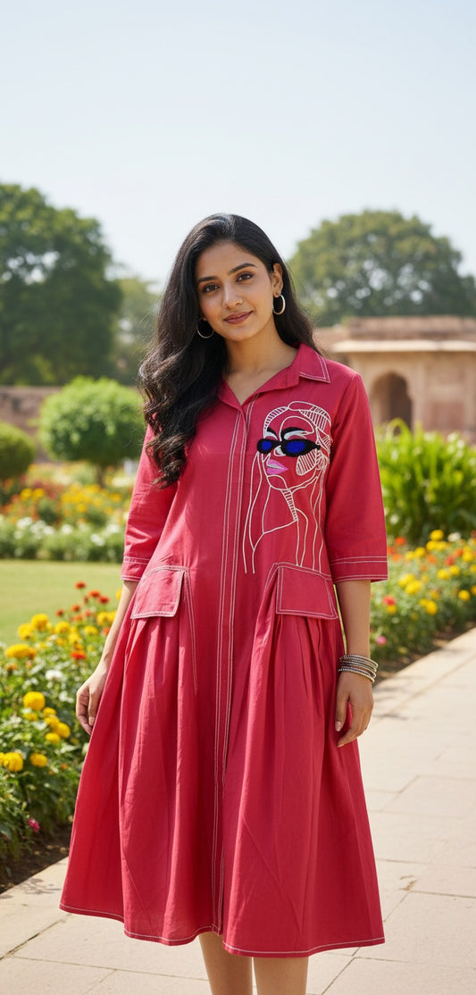 Red Flared Dress/Kurta with Embroidered Face Art on Front Panel