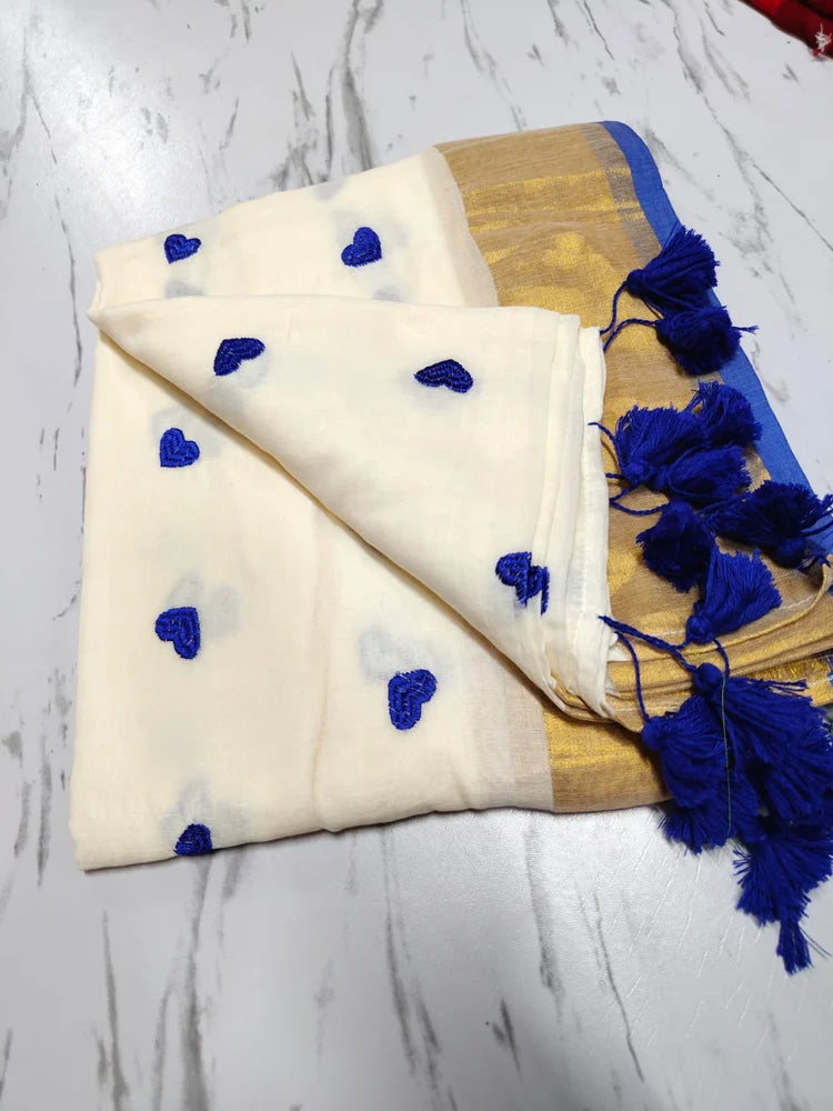 Kairali - Dark Blue Heart Mul Cotton Saree | Kerala Saree