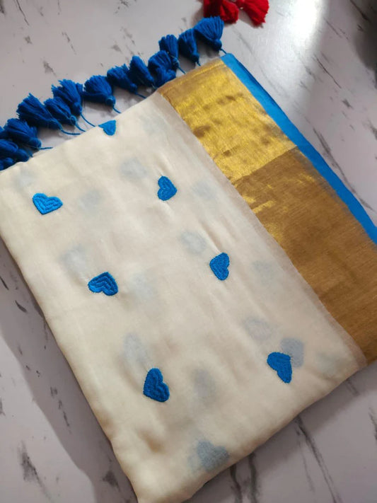 Kairali - Light Blue Heart Mul Cotton Saree | Kerala Saree