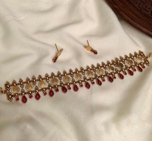 Nidhi - Kaashu Coin Choker with Red teardrop Stone
