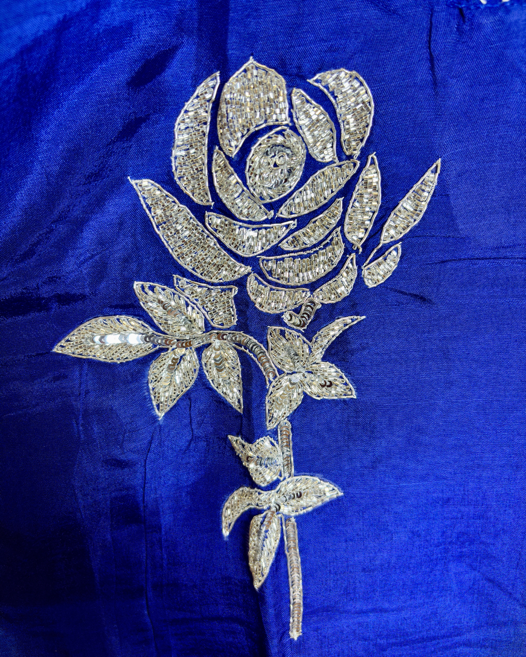Royal Blue 3-piece Dola Silk Suit Set with Hand Work Rose and Scallop work Dupatta
