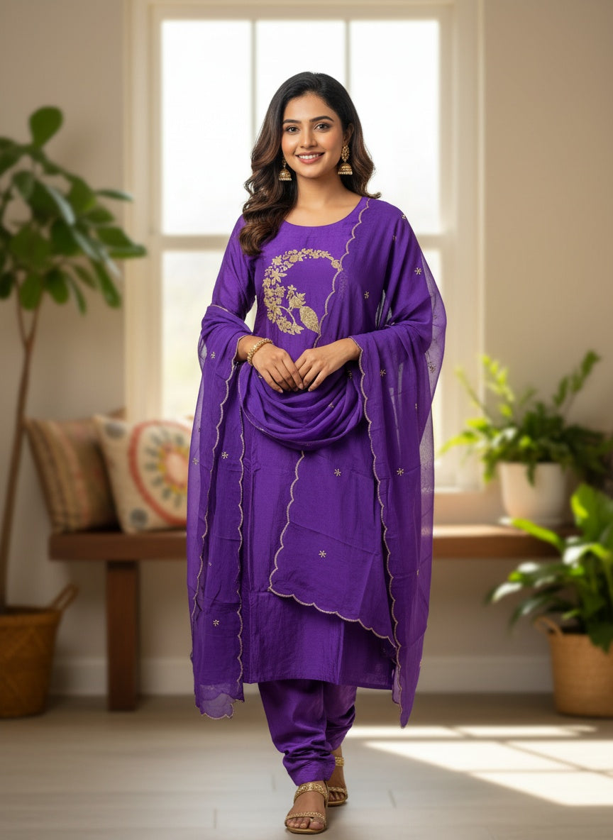 Purple 3-piece Dola Silk Suit Set with Hand Work Peacock and Scallop work Dupatta