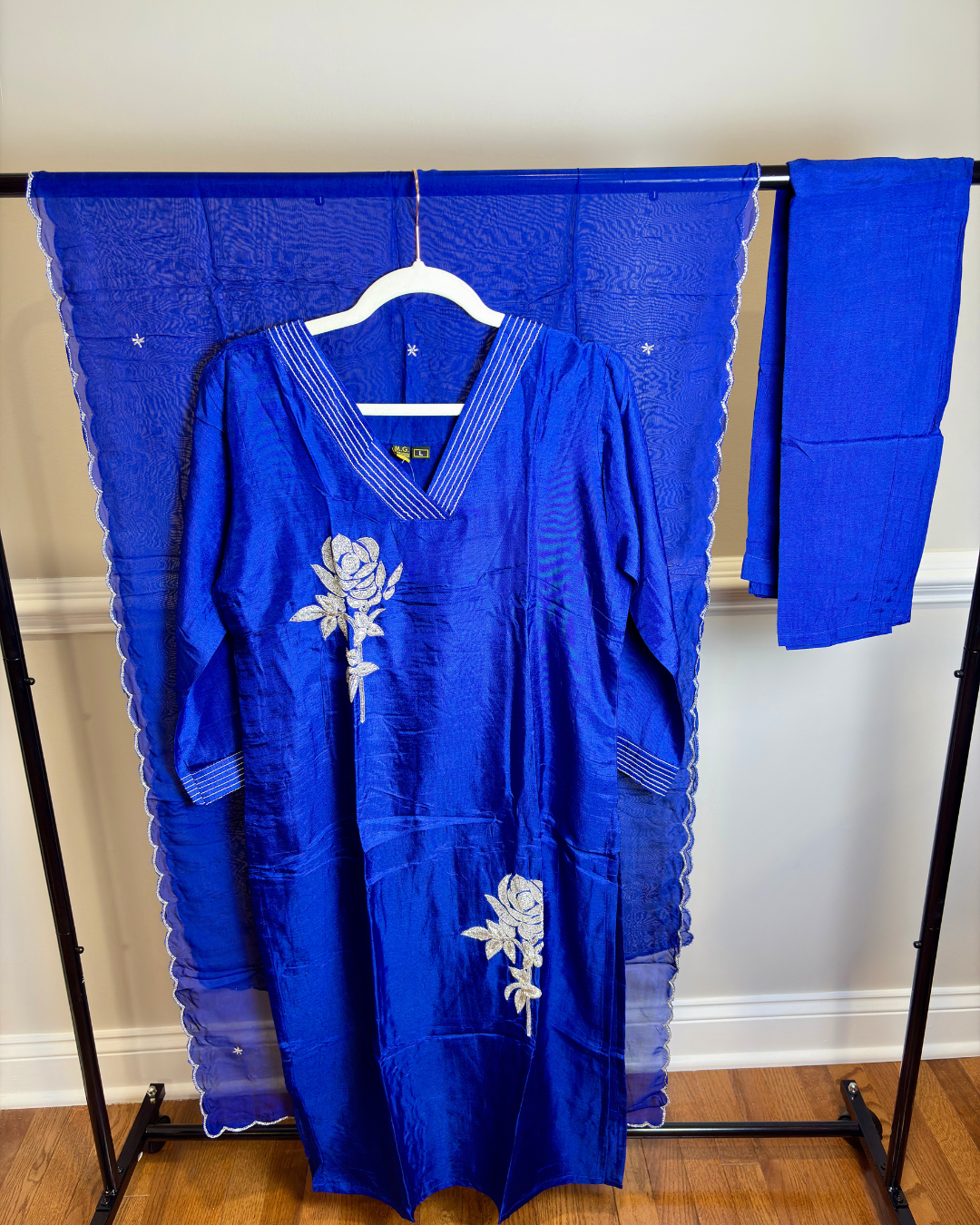 Royal Blue 3-piece Dola Silk Suit Set with Hand Work Rose and Scallop work Dupatta