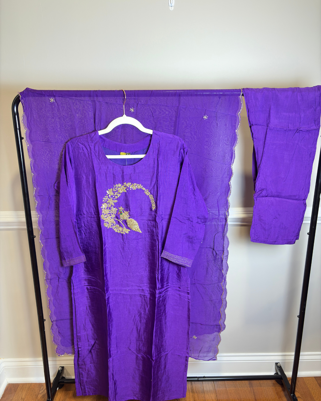 Purple 3-piece Dola Silk Suit Set with Hand Work Peacock and Scallop work Dupatta