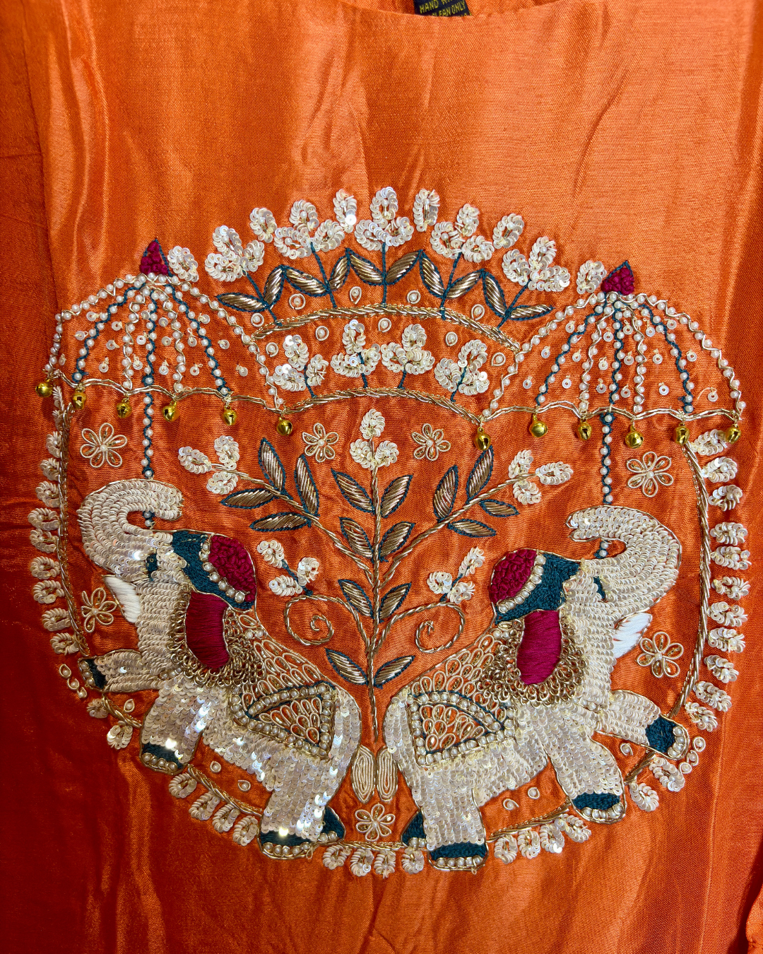 Orange 3-piece Dola Silk Suit Set with Hand Work Elephant and Scallop work Dupatta