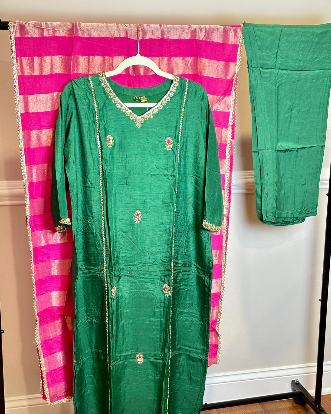 Green and Rani Pink 3-piece Dola Silk Suit Set with Hand Work and Scallop work Dupatta