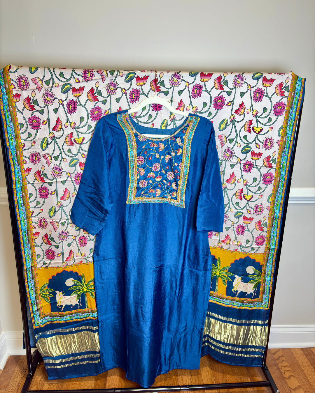 Blue Hand Work 3-piece Russian Silk Suit Set with Pure Gajji Kalamkari Dupatta with Lagdi Patta